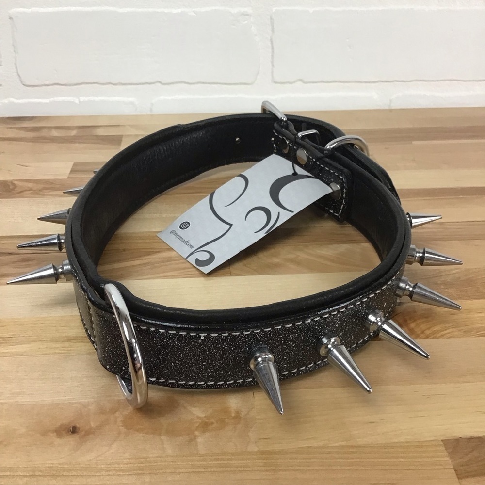 Mad Cow genuine leather Punk Rock dog collar handmade black dark silver studs